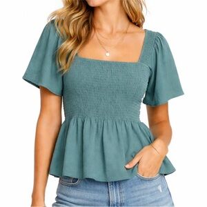 Madewell Smocked Square Neck Peplum Top Teal, Size S